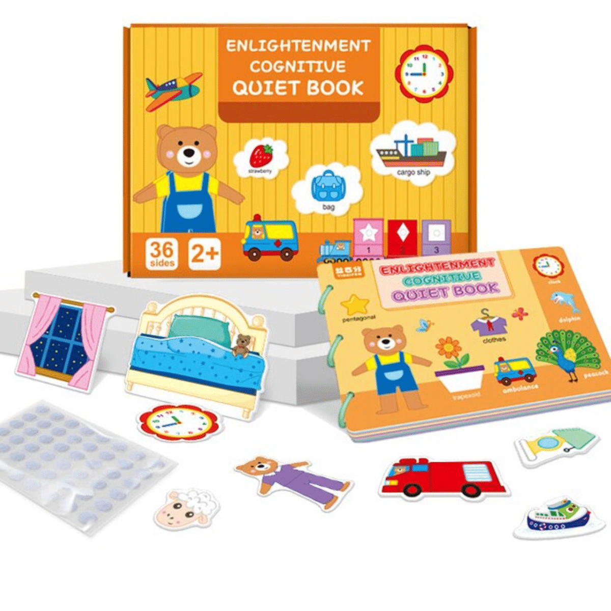 Toddler excitedly playing with a colorful cognitive development activity book, enhancing motor skills.