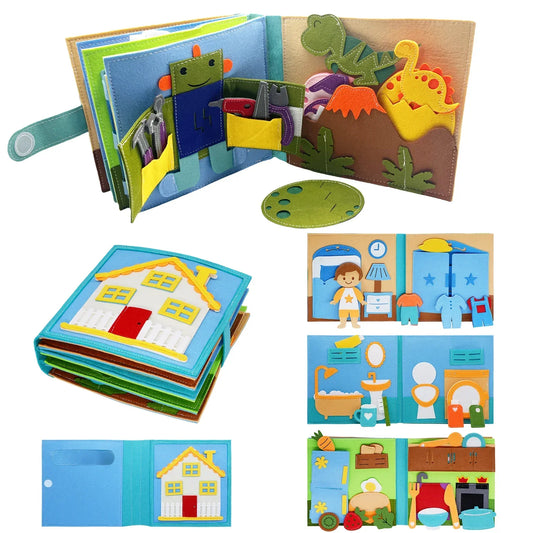 Toddler felt activity book teaching life skills like buttoning and zipping, interactive educational toy for preschool