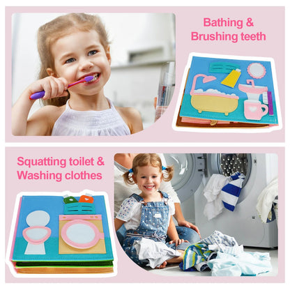 Toddler's hands manipulating a buckle on a bright felt activity book, educational and fun toy