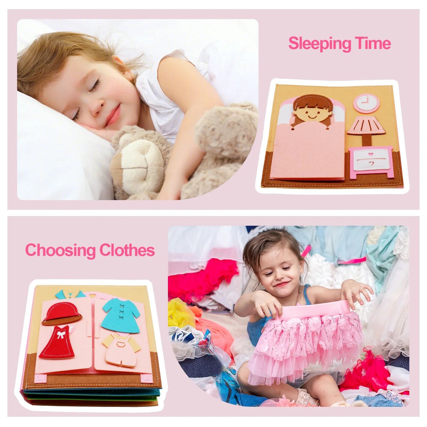 Group of toddler felt activity books piled, showcasing different life skills and educational themes