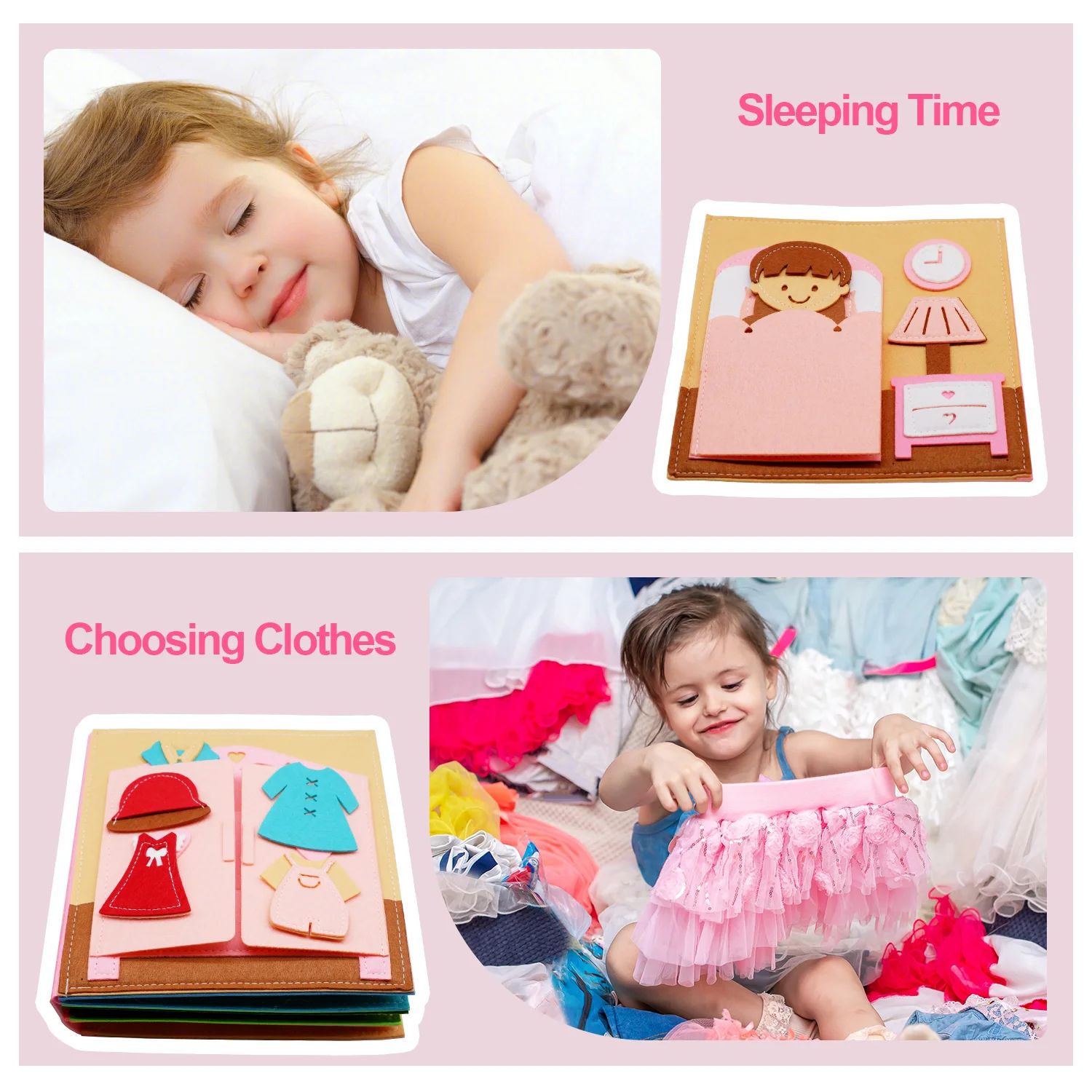 Group of toddler felt activity books piled, showcasing different life skills and educational themes