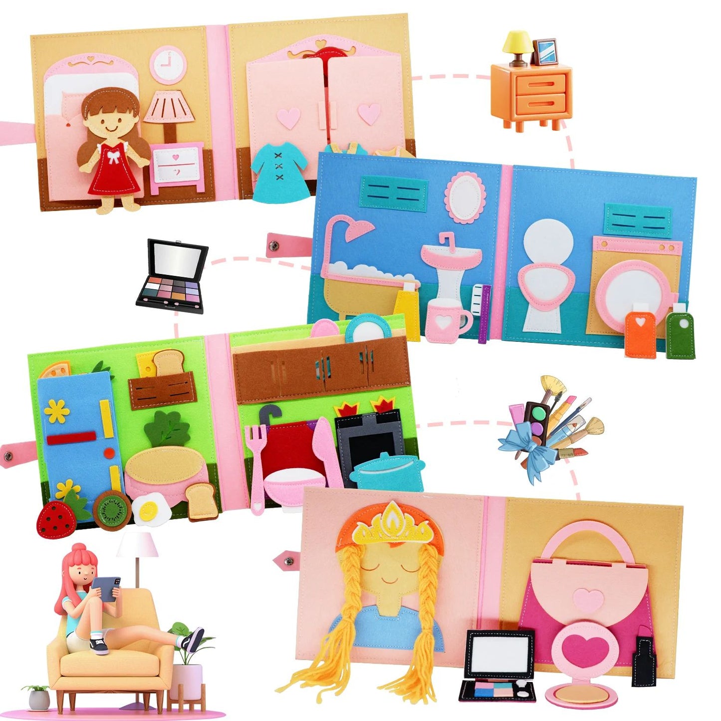 Open educational felt book illustrating a basic shape puzzle for toddlers, interactive learning toy