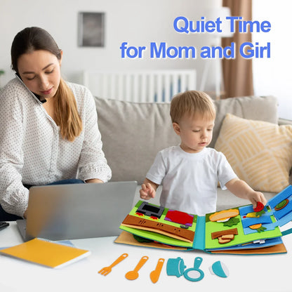 Toddler engaged with a felt book, practicing matching shapes, a Montessori-inspired educational activity