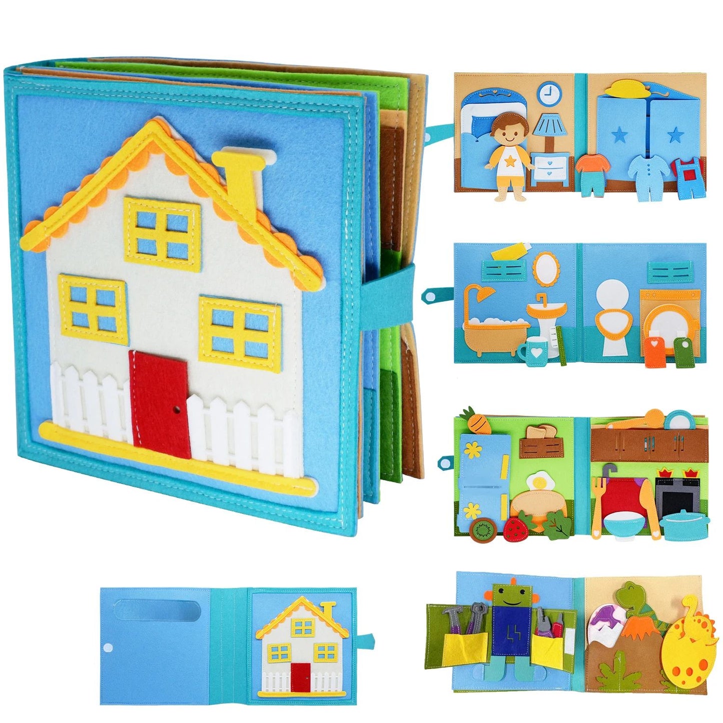 Colorful felt pages of a toddler activity book, designed to teach practical life skills and independence