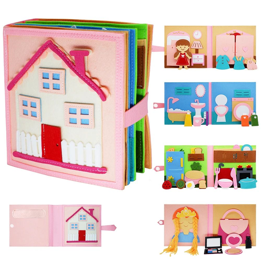 Educational felt book for toddlers, open to a page demonstrating how to use a seatbelt buckle