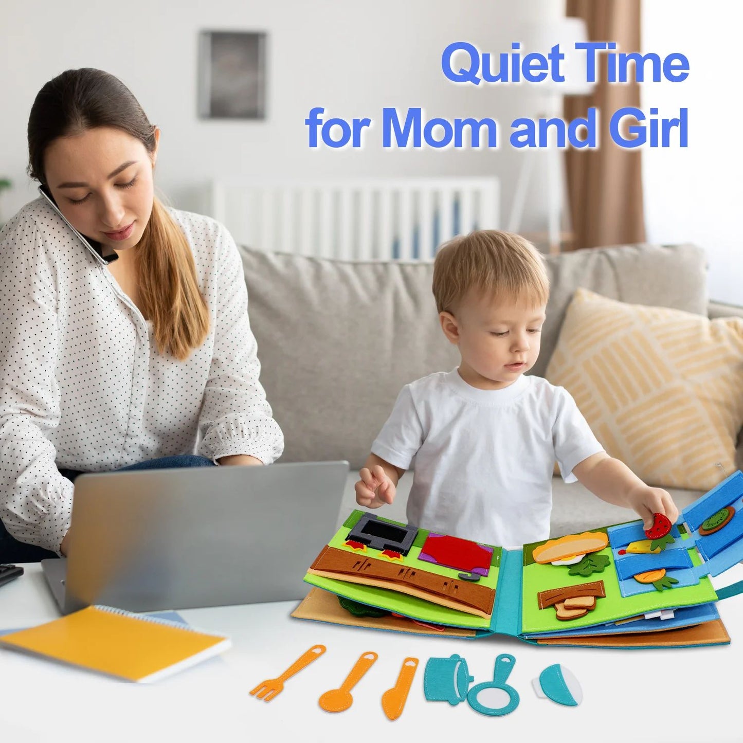 Toddler life skills book, quiet time activity with colorful felt pages for educational play