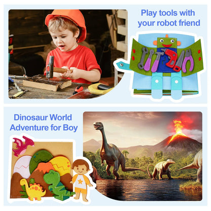 Educational felt activity book open to a page showing shoe-tying practice for toddlers, preschool learning