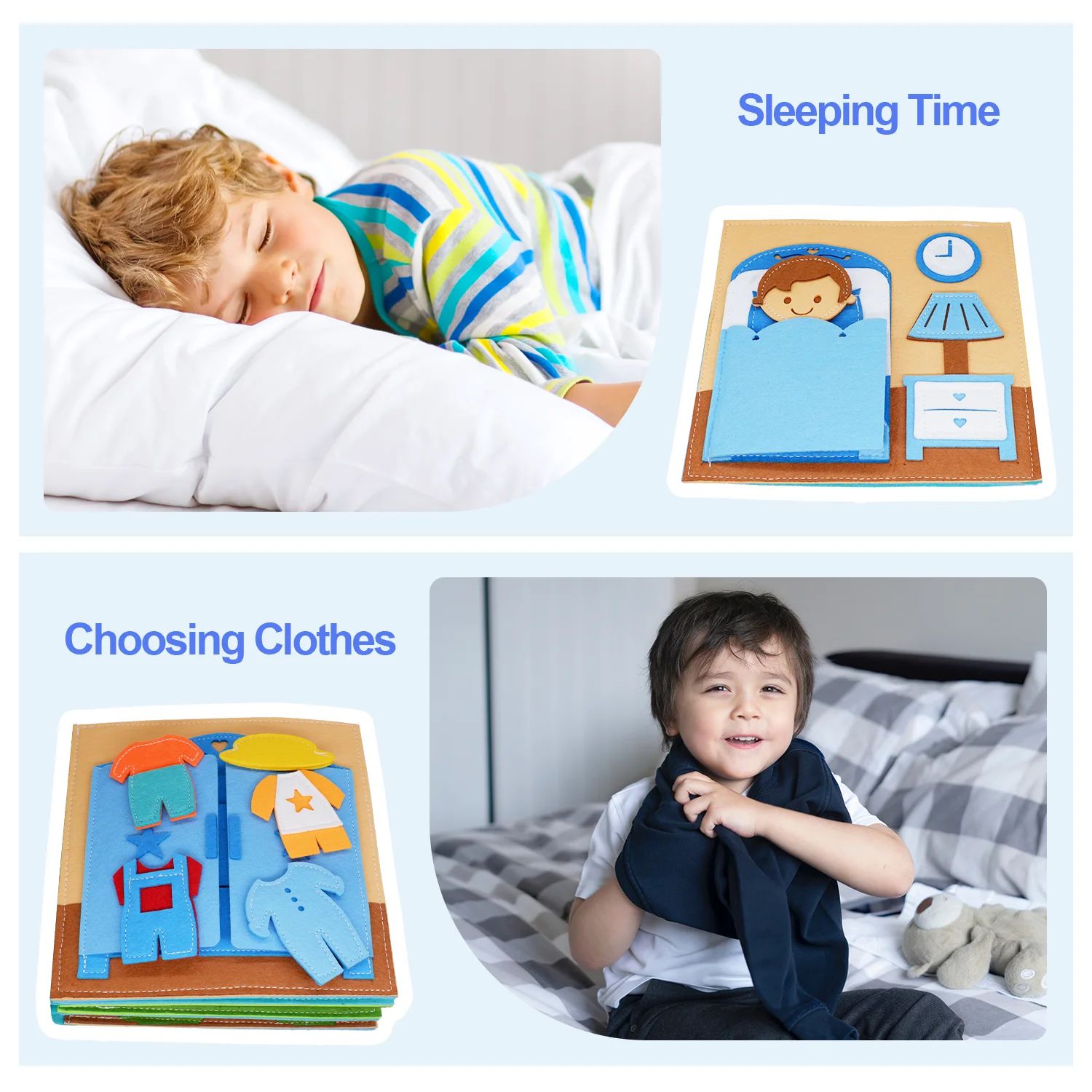 Colorful felt educational toy book for toddlers, promoting early life skills and fine motor development