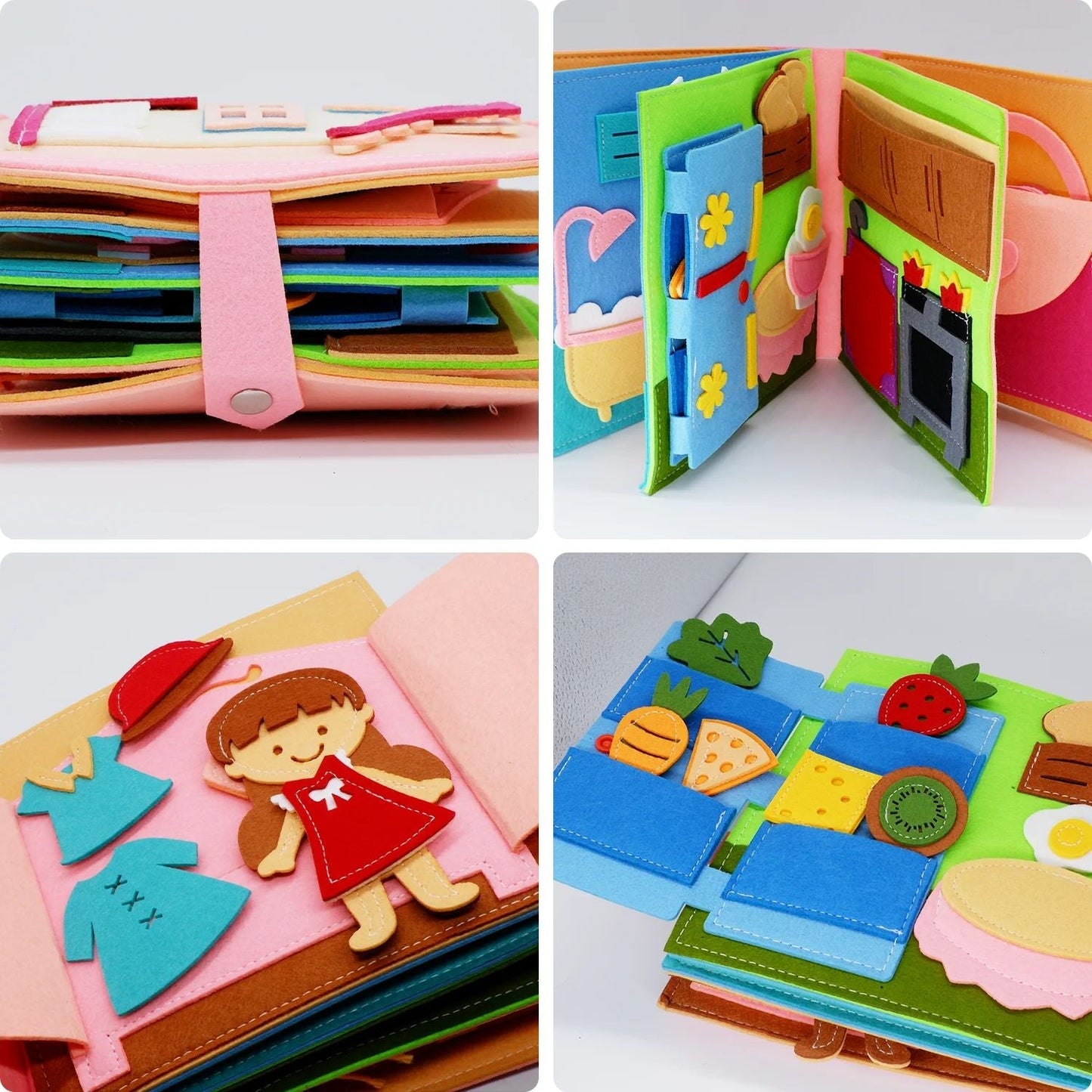 Toddler activity book featuring snap fasteners, an interactive felt toy for preschool skill-building