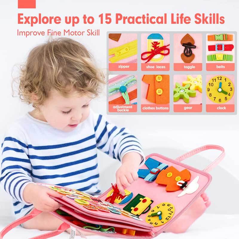 Toddler playing with a portable felt board, ideal travel toy for preschool learning