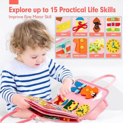 Toddler playing with a portable felt board, ideal travel toy for preschool learning