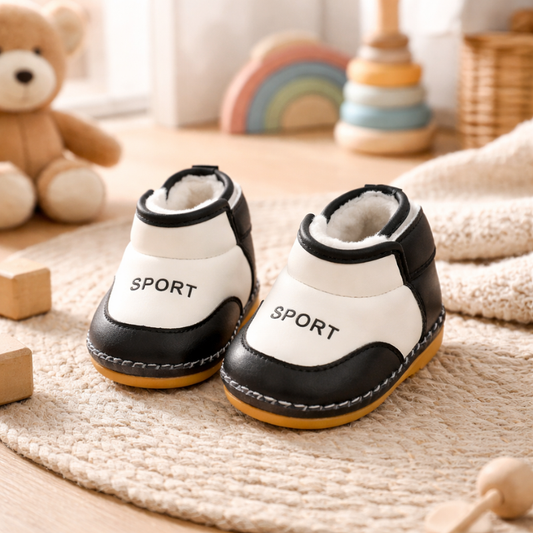 Toddler first steps winter boots, black with white sole, anti-slip and waterproof for baby footwear.
