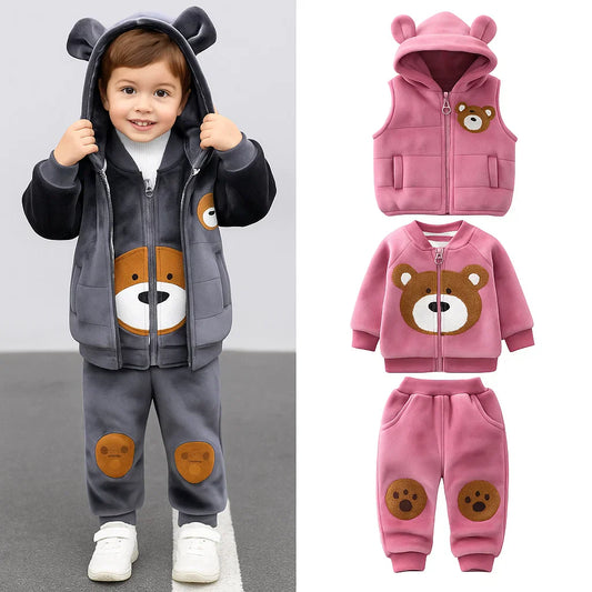Toddler fleece winter set with bear print, two-piece cozy outfit for boys and girls