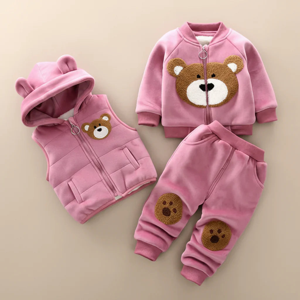 Bear graphic on front of cozy toddler fleece winter set, cute kids apparel