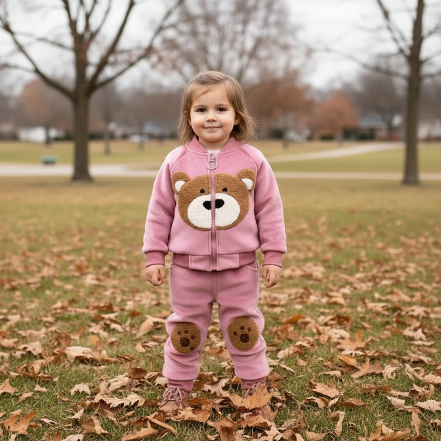 Close-up of bear print on soft toddler winter fleece top, comfy baby clothes
