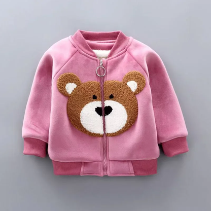 Detail of ribbed cuffs on toddler bear print fleece winter set, cozy wear