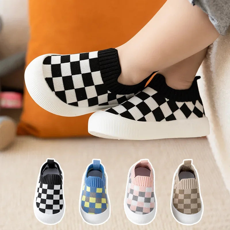 Toddler flexible slip-on shoes with anti-slip soles and fun blocked pattern.