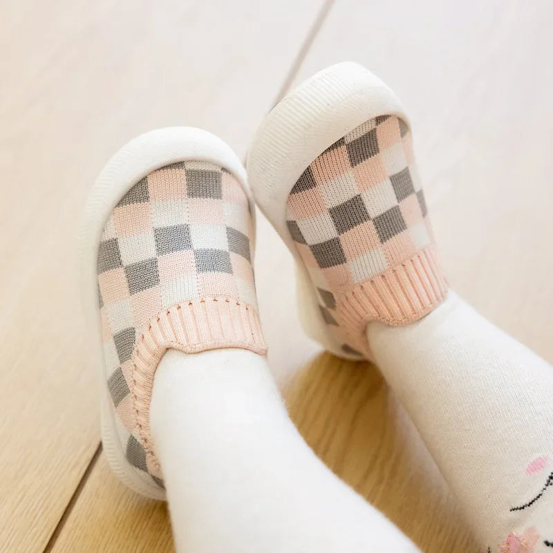Easy wear toddler slip-on shoes, anti-slip for safety, with a unique blocked pattern.