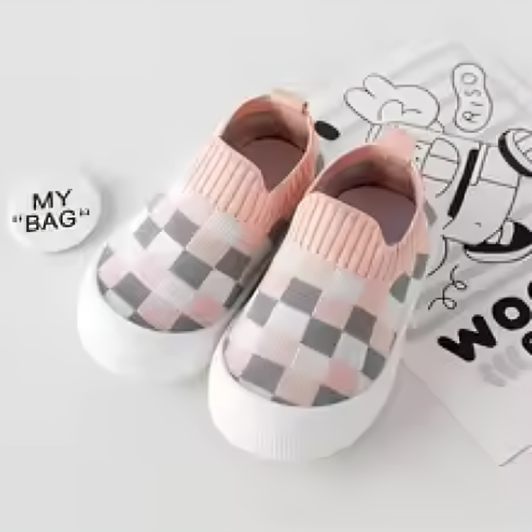 Patterned toddler slip-on shoes, ideal for active babies, with anti-slip grip.
