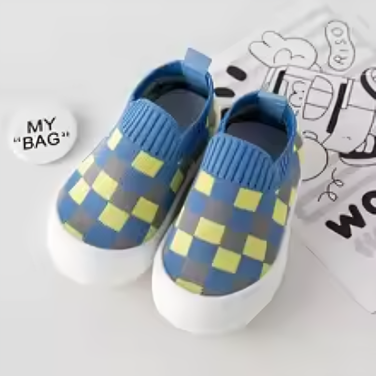 Blocked pattern toddler shoes, slip-on style for convenience and non-slip protection.