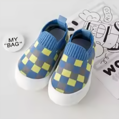 Blocked pattern toddler shoes, slip-on style for convenience and non-slip protection.