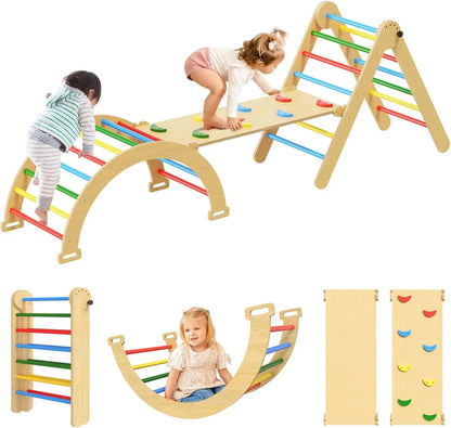 Toddler foldable wooden climbing triangle with ramp, promoting motor skill development and active play.