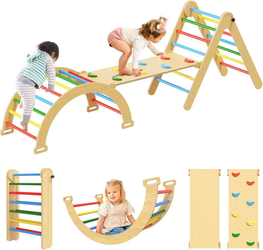 Toddler foldable wooden climbing triangle with ramp, promoting motor skill development and active play.