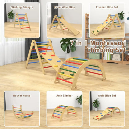 Kids' indoor play gym featuring a wooden climbing triangle and a reversible rock wall slide ramp.
