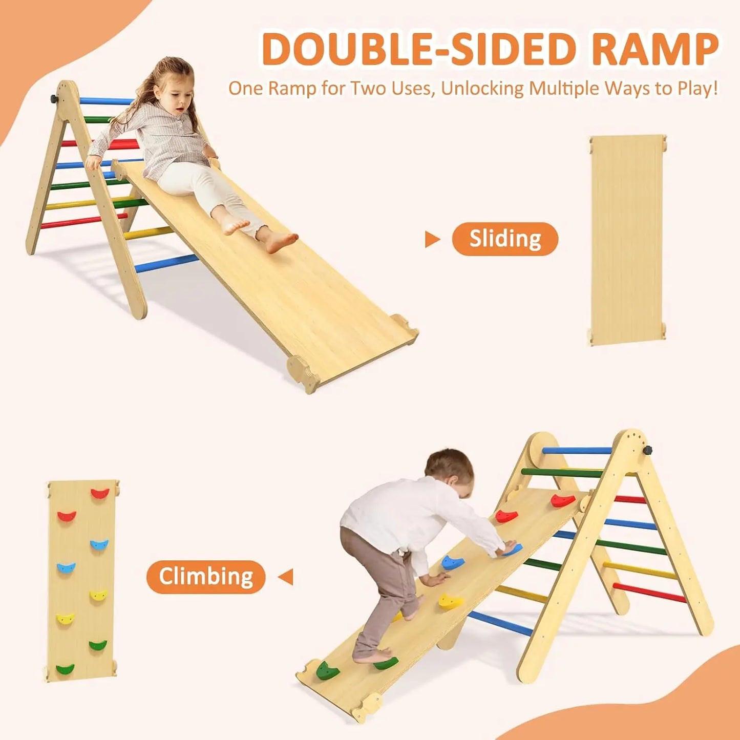 Natural wood toddler climbing triangle with a multi-functional ramp, perfect for nursery activity.