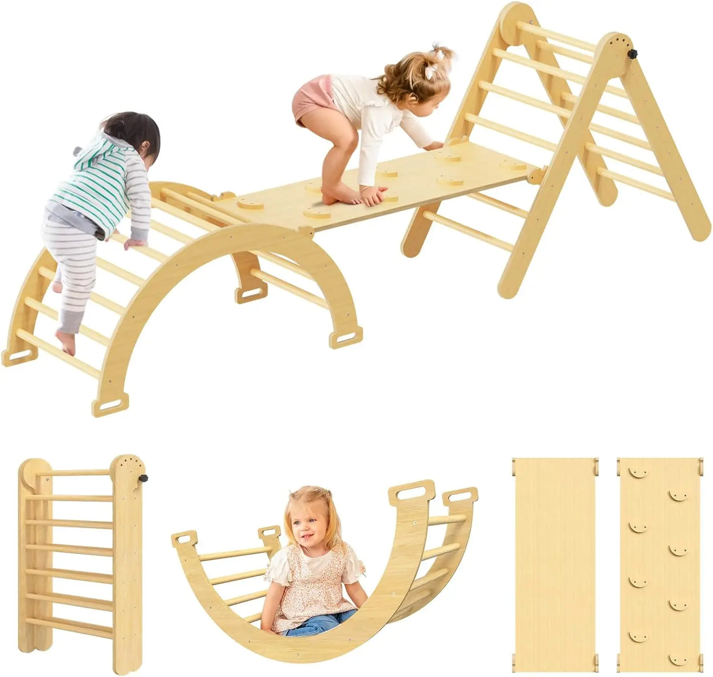 Children's foldable wooden climbing playset with a ramp, supporting gross motor development.