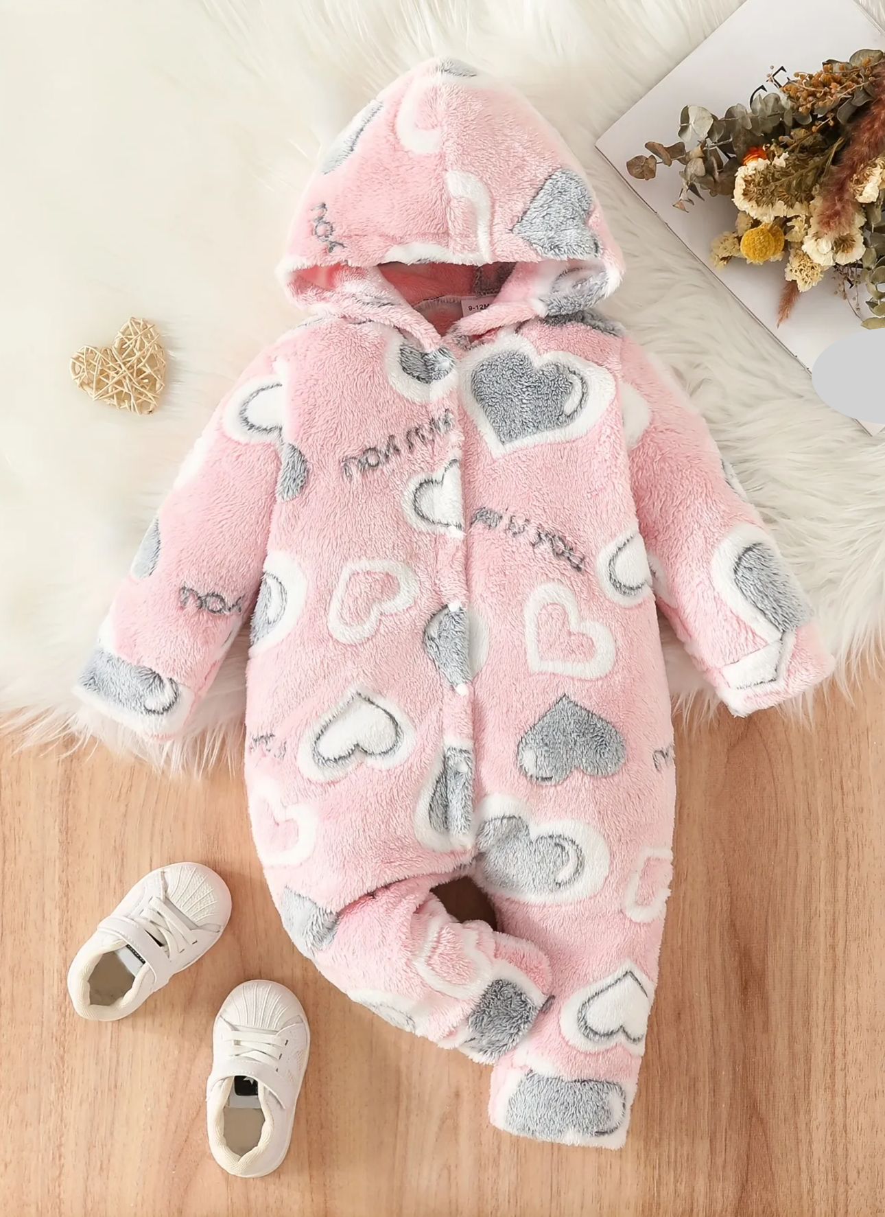 Toddler fuzzy pink heart hooded jumpsuit for babies, ideal cozy winter romper