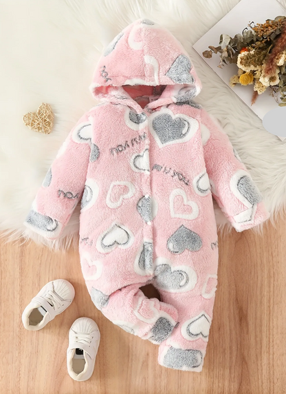 Toddler fuzzy pink heart hooded jumpsuit for babies, ideal cozy winter romper