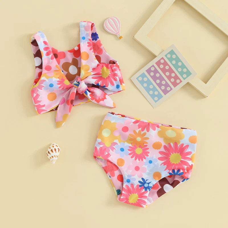 Cute baby girl two-piece floral swimsuit, perfect polyester swimwear for toddler's summer fun