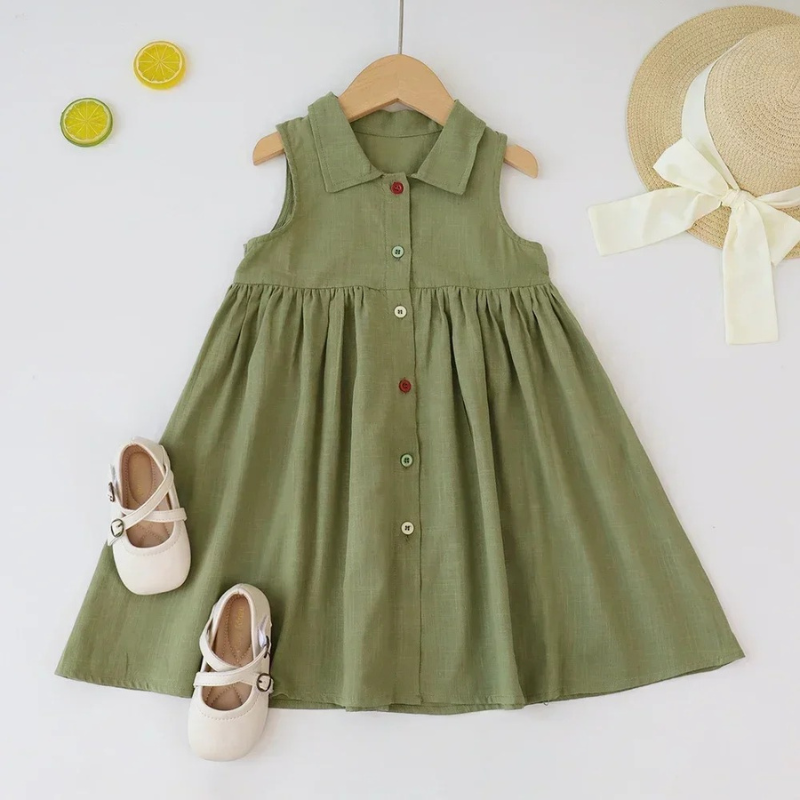 Green button-front summer dress for girls, perfect for kids fashion and playtime.