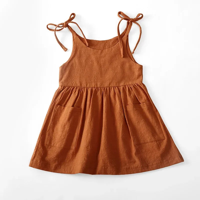 Back view of a simple and comfortable purple cotton sleeveless dress for toddler girls, breathable.