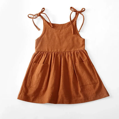 Back view of a simple and comfortable purple cotton sleeveless dress for toddler girls, breathable.