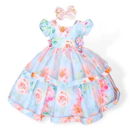 Toddler girl in floral pleated lace princess dress, perfect for special occasions & parties.