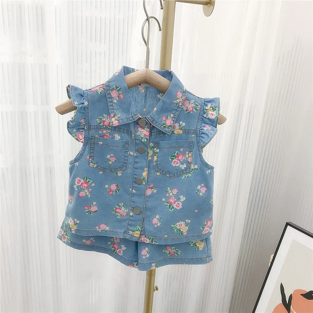 Stylish childrenswear: cotton floral print top paired with light wash denim shorts