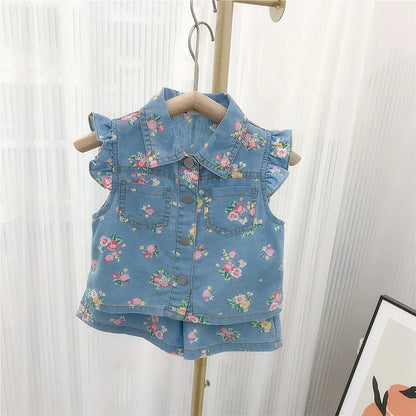 Stylish childrenswear: cotton floral print top paired with light wash denim shorts