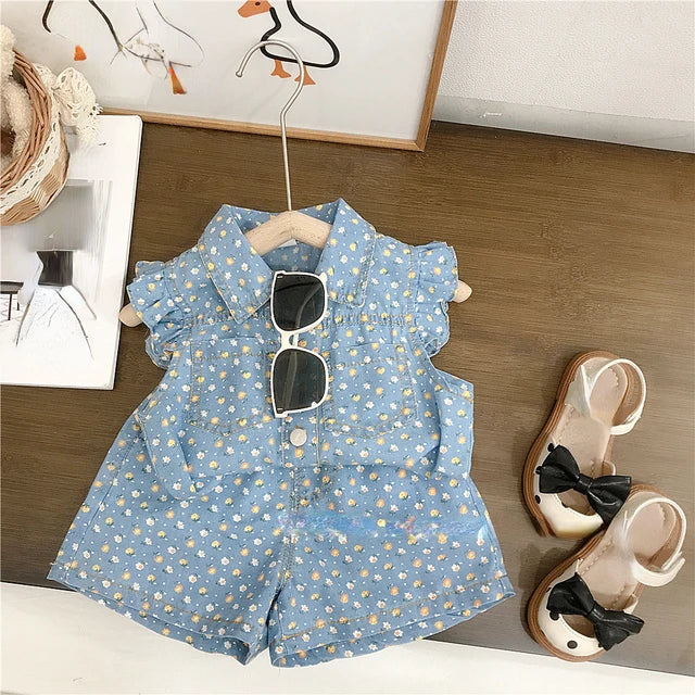 Colorful floral summer top and classic denim shorts, a must-have kids' clothing set