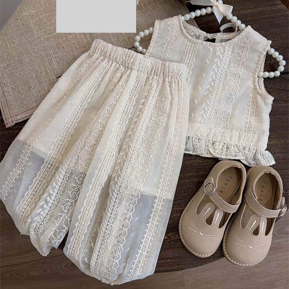Toddler girl in hollow lace summer clothing set, light pink, two piece outfit, casual kids fashion
