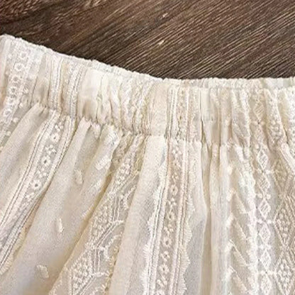 Hollow lace pattern on a toddler girl's casual summer top, textile detail, soft cotton blend