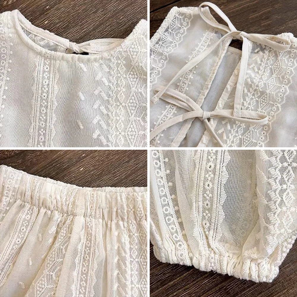 Happy toddler girl wearing a bright yellow hollow lace summer outfit, perfect for sunny days