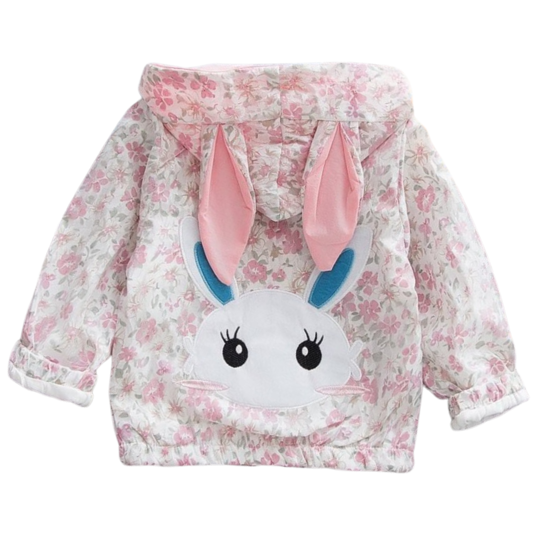 Toddler girl in light pink floral bunny hooded windbreaker jacket, front view.
