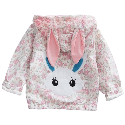 Toddler girl in light pink floral bunny hooded windbreaker jacket, front view.