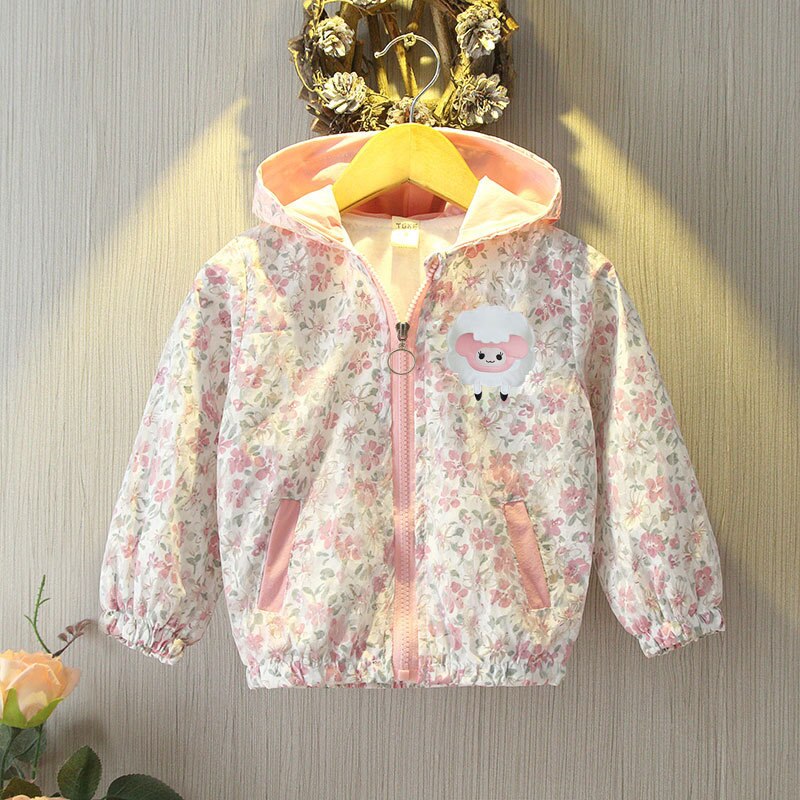 Lightweight toddler jacket: cotton floral bunny hooded windbreaker in two colors.