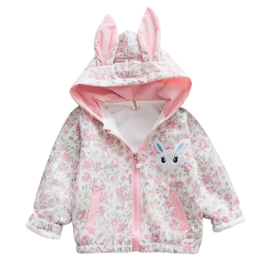 Back view of toddler girls' light blue floral bunny ear hooded windbreaker jacket.