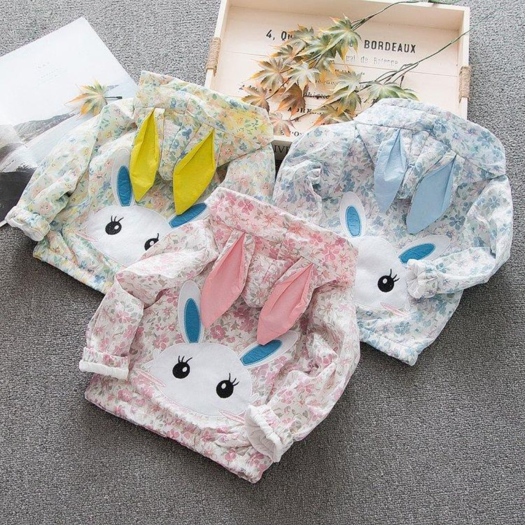 Toddler girls' spring windbreaker jacket with bunny ears and all-over floral print.