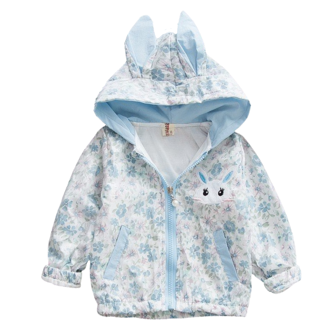 Light blue hooded cotton windbreaker for toddler girls with cute bunny ear detail.