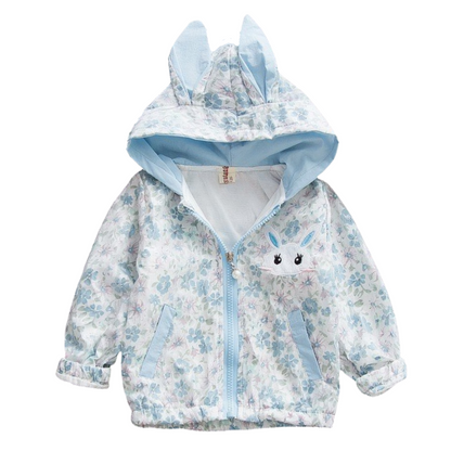Light blue hooded cotton windbreaker for toddler girls with cute bunny ear detail.